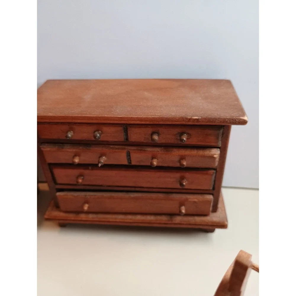 Vintage Miniatures Doll House Wooden Furniture Canopy Bed Dresser Quilt Rack